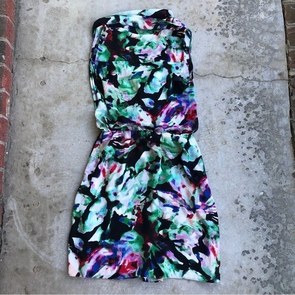 Parker Mini Dress Draped Surplice Neck Floral Watercolor Printed Black Green S - Picture 5 of 5